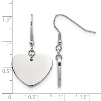 Pair of silver-toned dangle earrings with polished heart-shaped charms and matching cylindrical bead accents, displayed against a measurement scale.