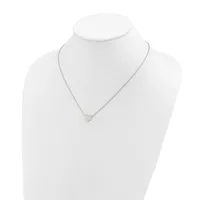 A delicate silver-toned necklace with a small triangular pendant displayed on a white mannequin bust.