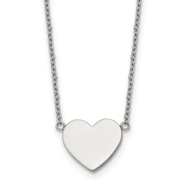 A polished silver heart pendant hangs from a delicate silver chain against a white background.