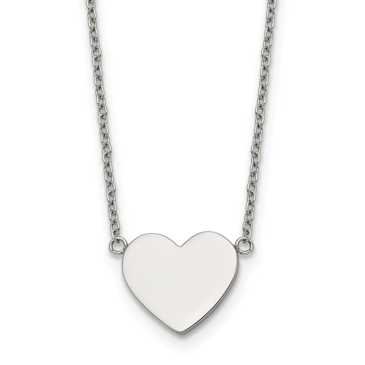 A polished silver heart pendant hangs from a delicate silver chain against a white background.