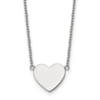 A polished silver heart pendant hangs from a delicate silver chain against a white background.