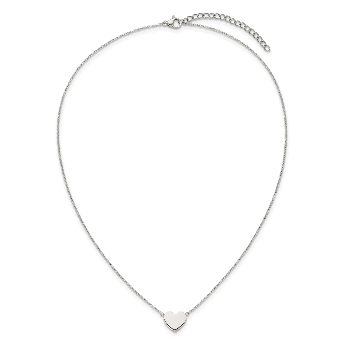 Silver-toned chain necklace with a small heart pendant and an adjustable extension chain with a lobster clasp.