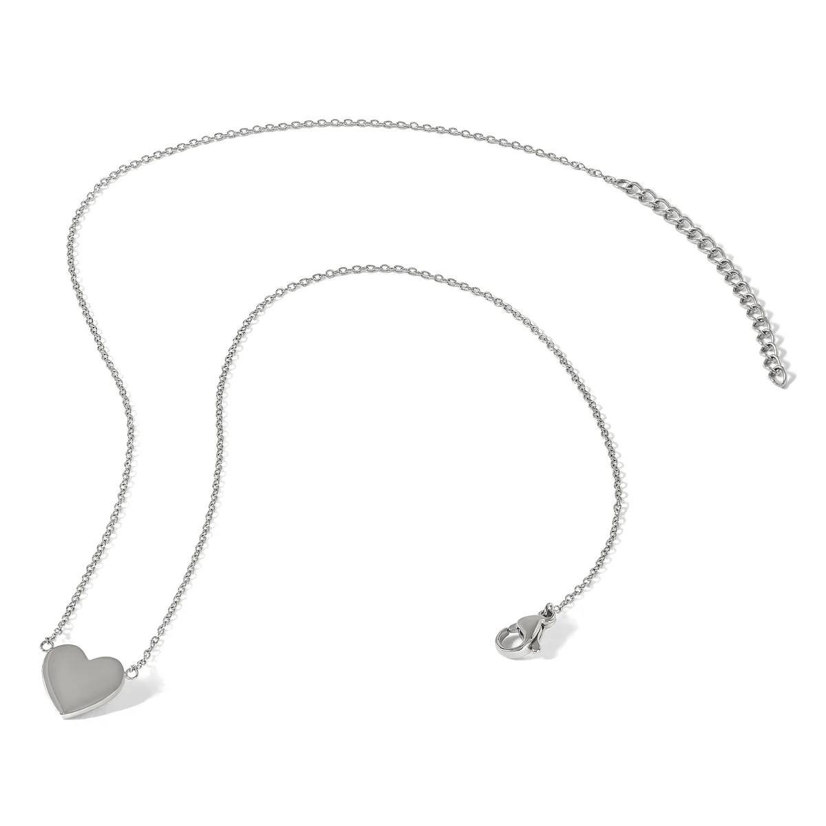 Silver-toned chain necklace with a small heart pendant on the left side and a lobster clasp on the right, displayed against a white background.
