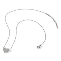 Silver-toned chain necklace with a small heart pendant on the left side and a lobster clasp on the right, displayed against a white background.