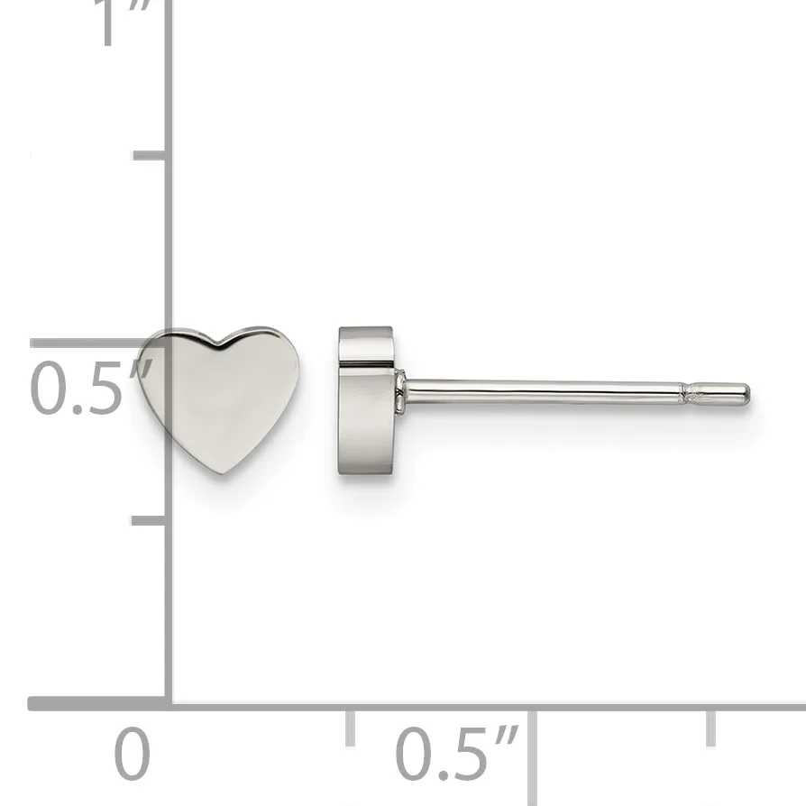 Stainless steel heart-shaped stud earrings displayed on a measurement scale showing approximately 0.5 inches in width.