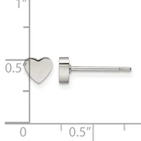 Stainless steel heart-shaped stud earrings displayed on a measurement scale showing approximately 0.5 inches in width.