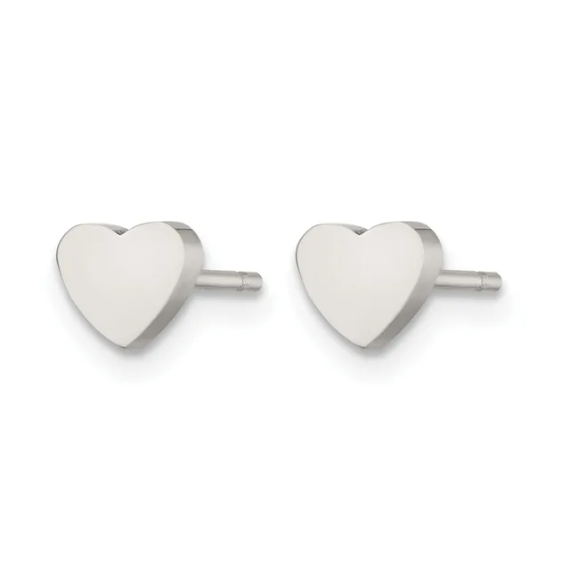 A pair of polished silver heart-shaped stud earrings with posts and backs, displayed against a white background.