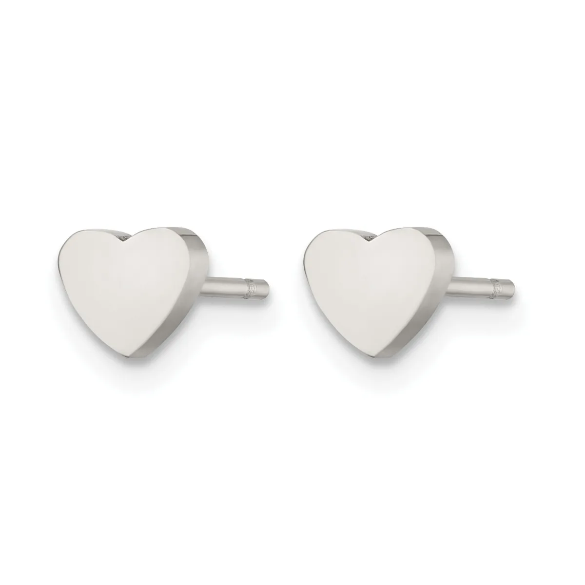 A pair of polished silver heart-shaped stud earrings with posts and backs, displayed against a white background.