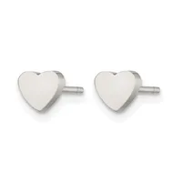 A pair of polished silver heart-shaped stud earrings with posts and backs, displayed against a white background.