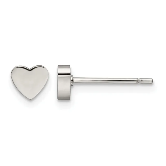 A pair of polished silver heart-shaped stud earrings shown from the front and side view against a white background.