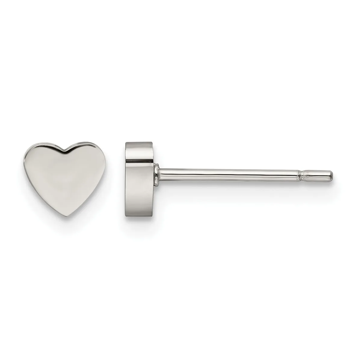 A pair of polished silver heart-shaped stud earrings shown from the front and side view against a white background.