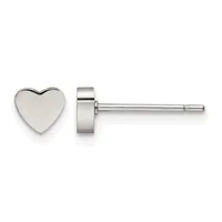 A pair of polished silver heart-shaped stud earrings shown from the front and side view against a white background.
