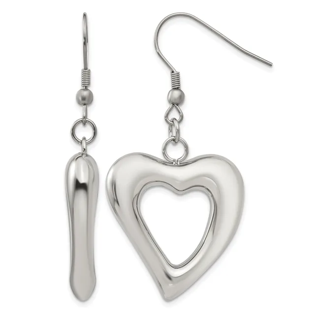 A pair of sterling silver dangle earrings with French wire hooks, one featuring a polished teardrop pendant and the other a hollow heart outline pendant.