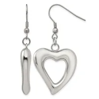 A pair of sterling silver dangle earrings with French wire hooks, one featuring a polished teardrop pendant and the other a hollow heart outline pendant.