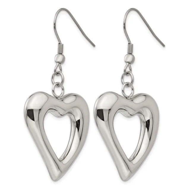 Pair of silver-toned heart-shaped dangle earrings with polished hollow hearts suspended from hook wires.