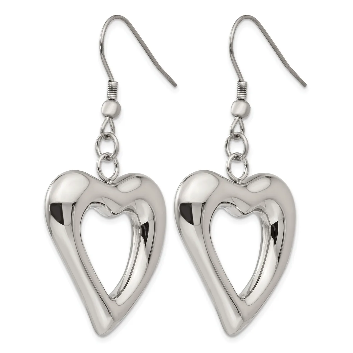 Pair of silver-toned heart-shaped dangle earrings with polished hollow hearts suspended from hook wires.
