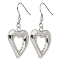 Pair of silver-toned heart-shaped dangle earrings with polished hollow hearts suspended from hook wires.