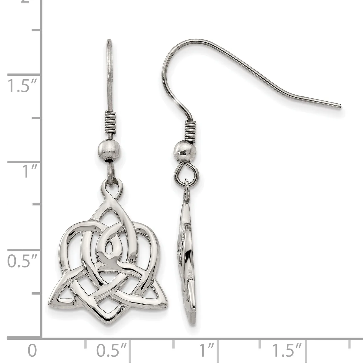 Pair of silver-toned dangle earrings with Celtic knot charms suspended from fishhook wires, shown on a measurement scale indicating approximately 1.5 inches in length.