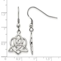 Pair of silver-toned dangle earrings with Celtic knot charms suspended from fishhook wires, shown on a measurement scale indicating approximately 1.5 inches in length.