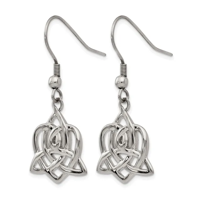 Pair of silver-toned dangle earrings with Celtic knot pendants hanging from fish hook wires.