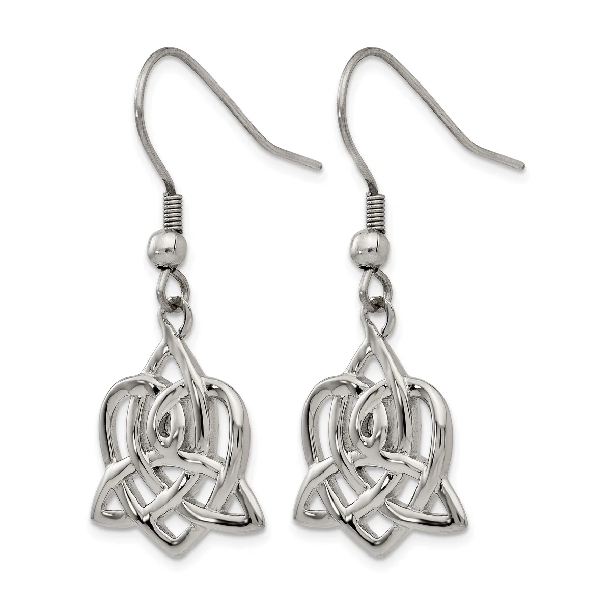 Pair of silver-toned dangle earrings with Celtic knot pendants hanging from fish hook wires.