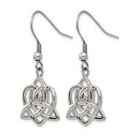Pair of silver-toned dangle earrings with Celtic knot pendants hanging from fish hook wires.