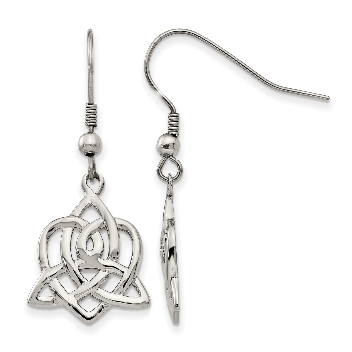 A pair of silver-toned dangle earrings with fish hook wires, each featuring an interlocking Celtic knot pendant with a heart-shaped center.