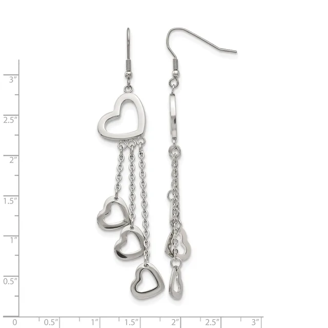 Silver-toned dangle earrings with heart charms suspended from chains, displayed on a measurement scale showing approximately three inches in length.