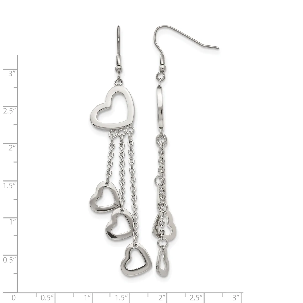 Silver-toned dangle earrings with heart charms suspended from chains, displayed on a measurement scale showing approximately three inches in length.