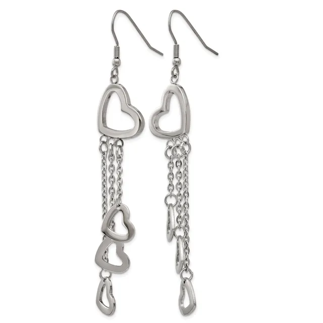 A pair of silver-toned dangling earrings with open heart charms at the top and chains hanging below with additional heart charms, displayed against a white background.