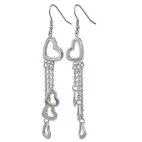 A pair of silver-toned dangling earrings with open heart charms at the top and chains hanging below with additional heart charms, displayed against a white background.