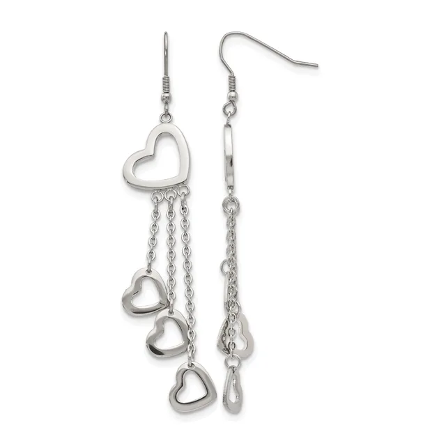 A pair of silver-toned dangle earrings featuring open heart charms suspended from chains, displayed against a white background.