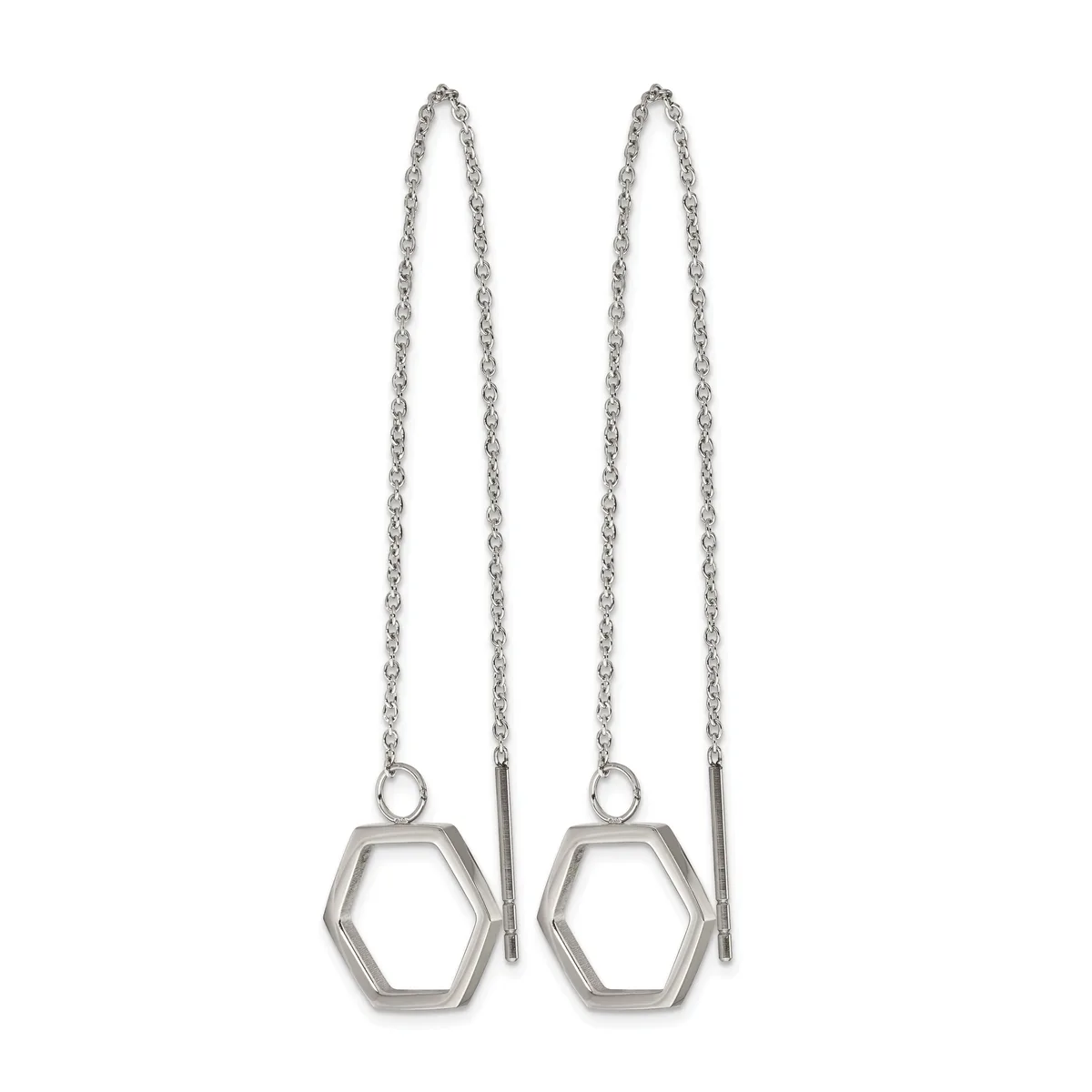 Pair of silver-toned threader earrings with long chain strands and hollow hexagon charms hanging below.