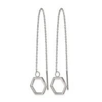 Pair of silver-toned threader earrings with long chain strands and hollow hexagon charms hanging below.