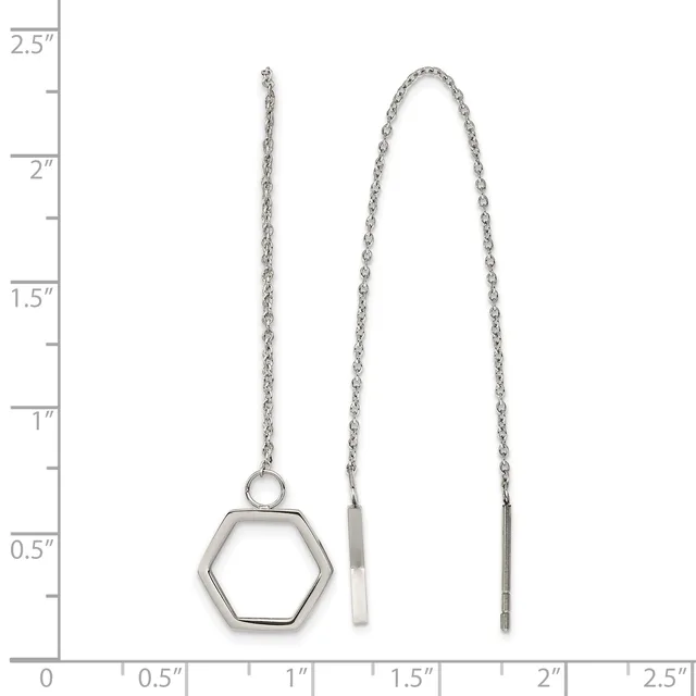Three silver chain necklaces displayed against a ruler showing measurements up to 2.5 inches: one with a hexagon pendant, one with a small rectangular bar, and one with a longer rectangular bar.