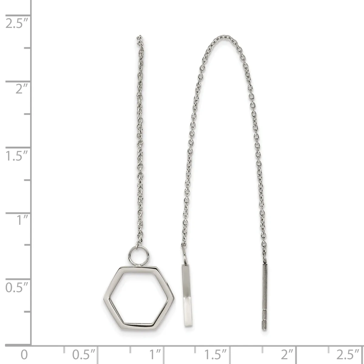 Three silver chain necklaces displayed against a ruler showing measurements up to 2.5 inches: one with a hexagon pendant, one with a small rectangular bar, and one with a longer rectangular bar.