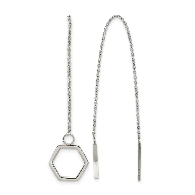 Two silver threader earrings with delicate chain strands, one featuring a hollow hexagon pendant and one with a simple bar drop.