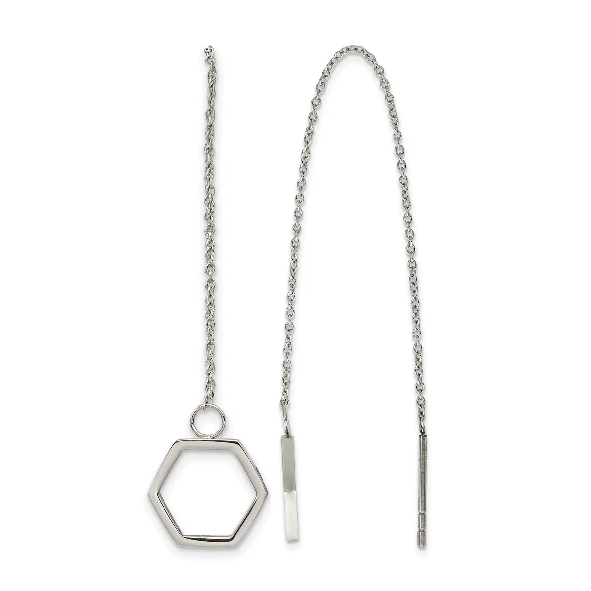 Two silver threader earrings with delicate chain strands, one featuring a hollow hexagon pendant and one with a simple bar drop.