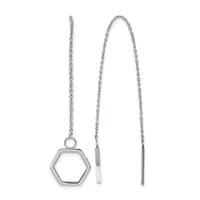 Two silver threader earrings with delicate chain strands, one featuring a hollow hexagon pendant and one with a simple bar drop.