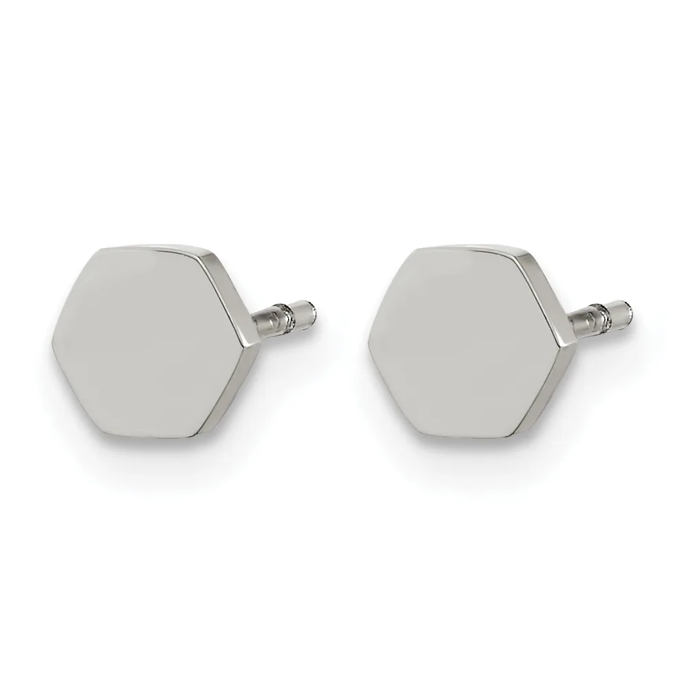 A pair of polished silver hexagonal stud earrings with small posts and backing clasps, shown from the front against a white background.