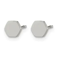 A pair of polished silver hexagonal stud earrings with small posts and backing clasps, shown from the front against a white background.