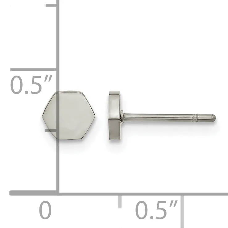 A pair of hexagonal stud earrings with posts and backs shown at actual size, measuring 0.5 inches across.