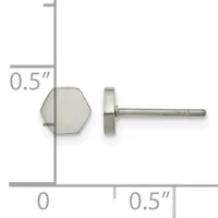 A pair of hexagonal stud earrings with posts and backs shown at actual size, measuring 0.5 inches across.
