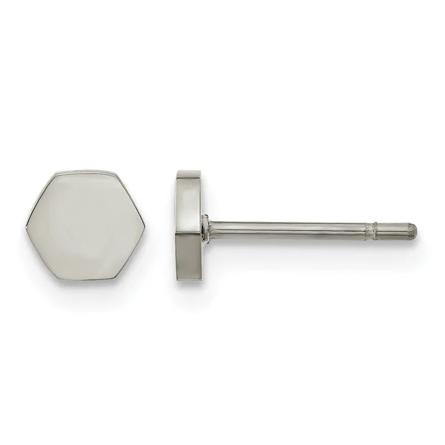 A pair of hexagonal silver stud earrings shown from front and side views, displaying the flat face and post with backing.