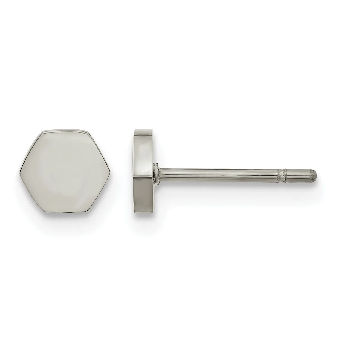 A pair of hexagonal silver stud earrings shown from front and side views, displaying the flat face and post with backing.