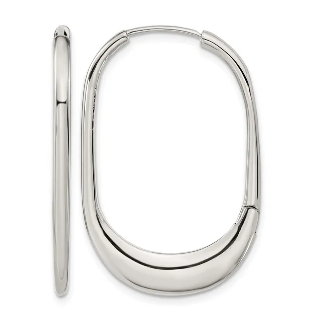 A pair of polished silver oval hoop earrings shown from the front and side view, with a hinged closure mechanism.