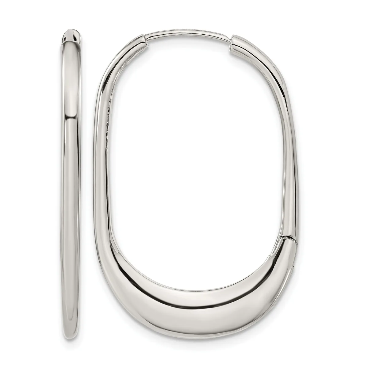 A pair of polished silver oval hoop earrings shown from the front and side view, with a hinged closure mechanism.