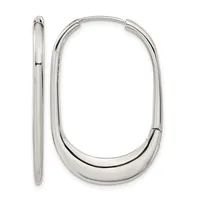A pair of polished silver oval hoop earrings shown from the front and side view, with a hinged closure mechanism.