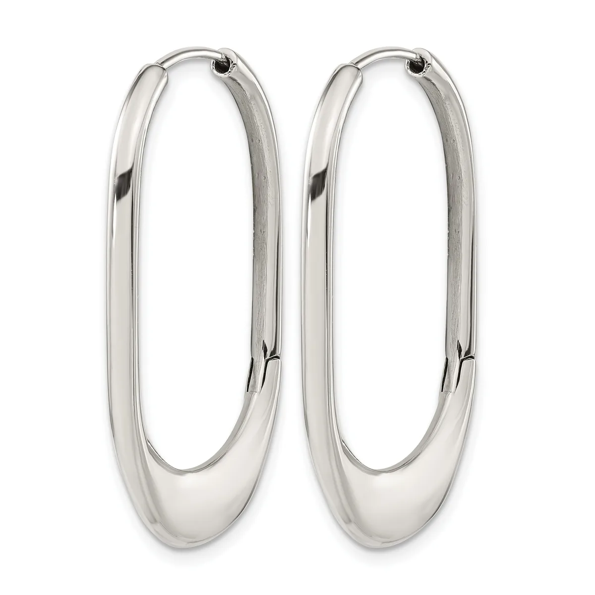 A pair of polished silver oval hoop earrings with a rounded, tubular profile and hinged closures, shown against a white background.