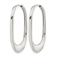 A pair of polished silver oval hoop earrings with a rounded, tubular profile and hinged closures, shown against a white background.